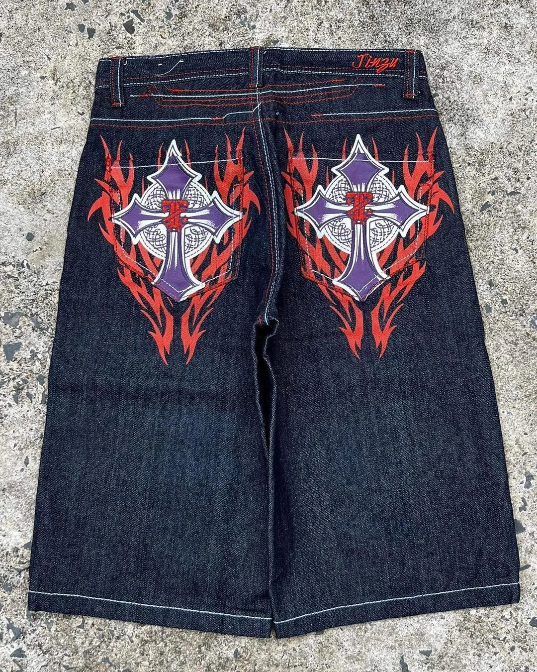 DHgate.com:Denim Cross Print Streetwear Jorts | Y2K Vintage
