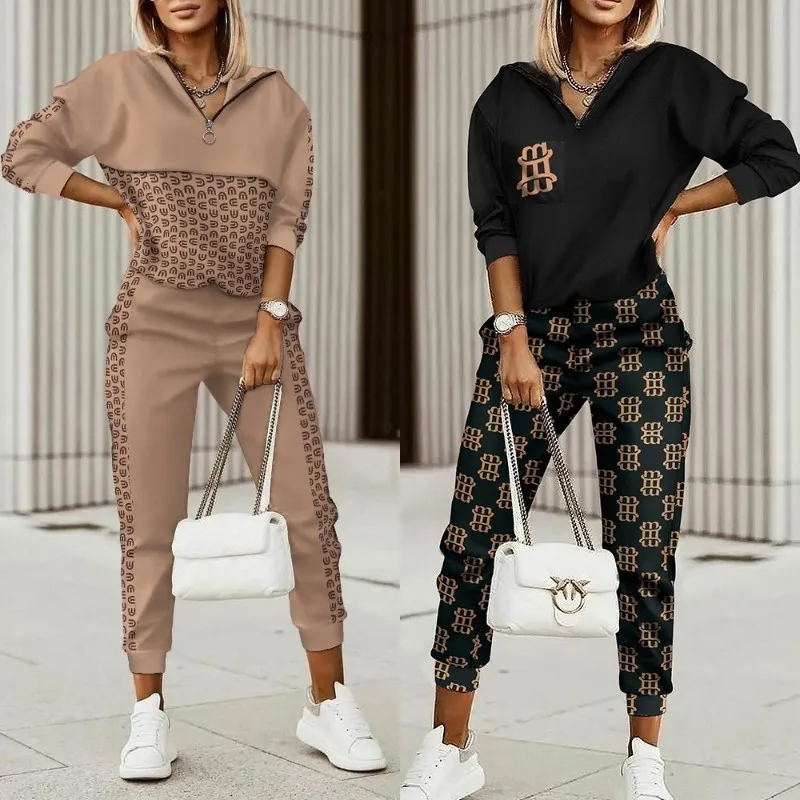 Kvinnor Tvåbitar byxor mode Kvinnor Plaid Print dragkedja Front Hooded Top Pants Set Two Piece Suit Flare Pants Outwear 230729