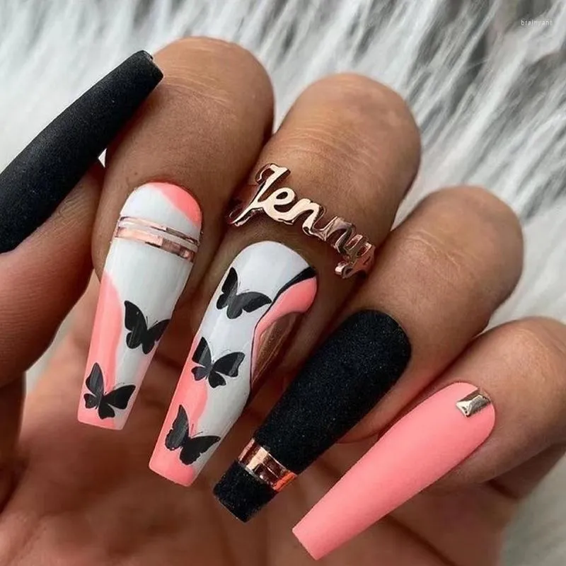 Unhas Postiças 24Pcs Long Ballet Black Butterfly Design Com Cola Wearable Coffin Press On Manicure Cobertura Completa Pontas De Unhas Falsas