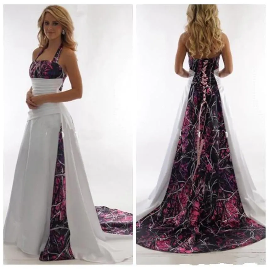 Elegante Halter Camo A Line Abiti da sposa Raso increspato Sweep Train Abiti da sposa da sposa con lacci BC3340267a