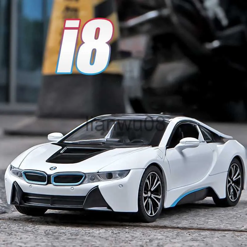 Diecast Model Cars 124 BMW I8 Supercar Lega auto Fonde sotto pressione Veicoli giocattolo Modello di auto Suono e luce Tirare indietro Giocattoli per auto Per bambini Regali x0731