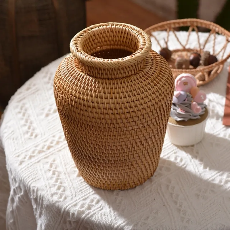 Vases Autumn Rattan Woven Vase Art Fashion Tabletop Decoration Plants Flower Pot 230731