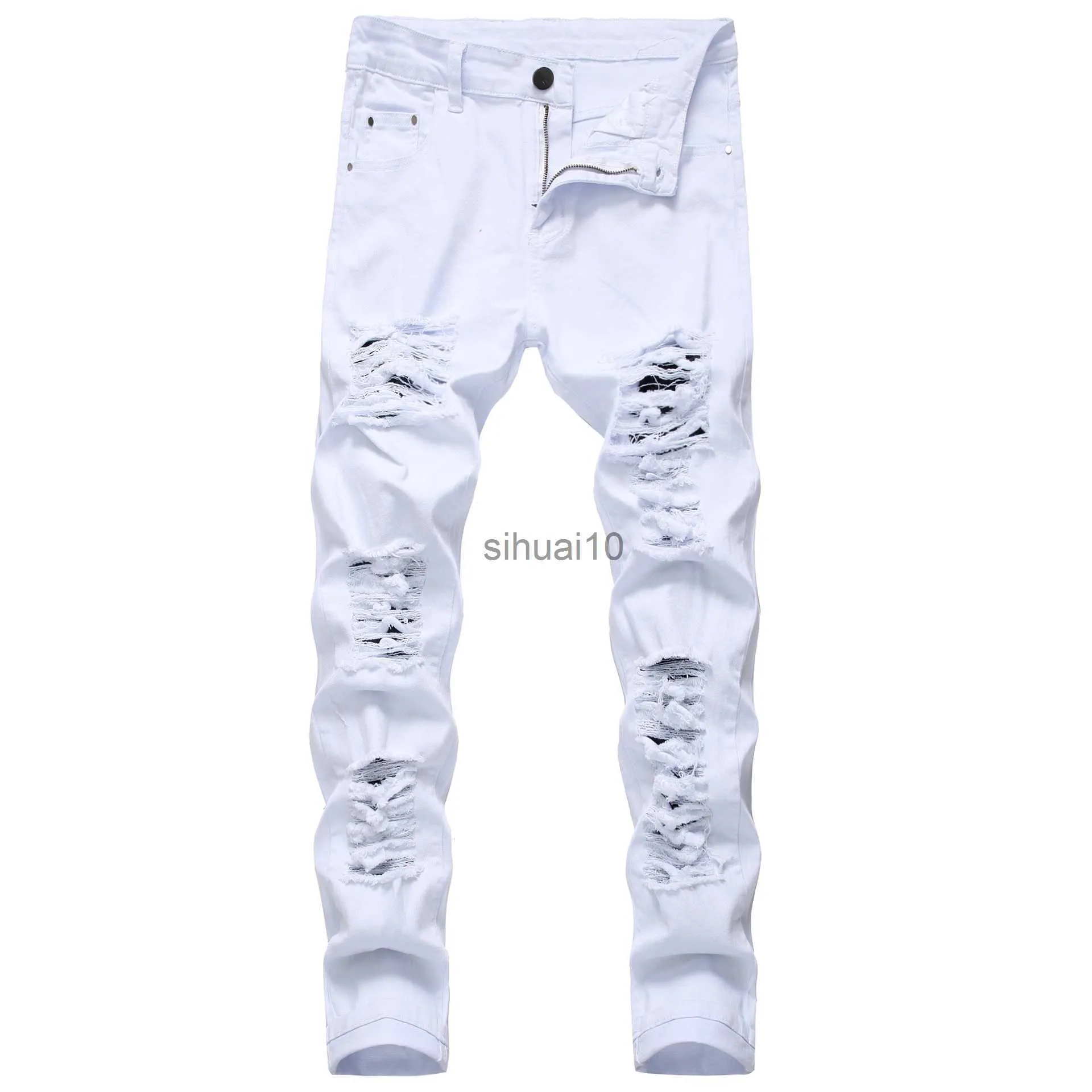 Men's Jeans New Arrival Men's Cotton Ripped Hole Jeans Casual Slim Skinny White Jeans Men Trousers Fashion Stretch Hip Hop Denim Pants Male J230728