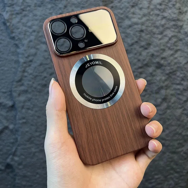 Designer bag Wood Grain Large Window Magnet for Wireless Charging Case For iPhone 15 11 12 13 14 Pro Max Plus Camera Protection Cover