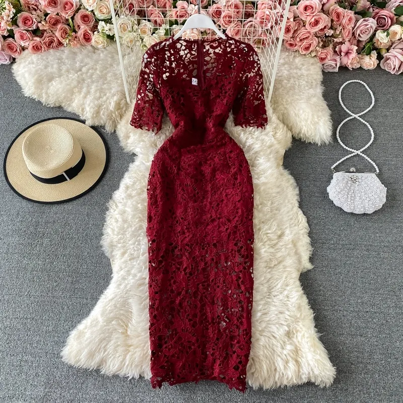 Elegant Hollow Lace Long evening dress for Women - Summer Hip Wrap Style