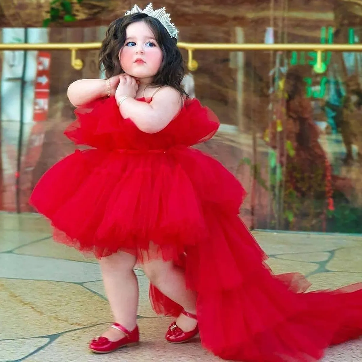 Flickans klänningar Baby Girls Red Trailing Bow Lace Princess Dress Elegant Party Wedding 2 8 Years Birthday Ball Gown Bridesmaid Dresses Kid Clothe 230731