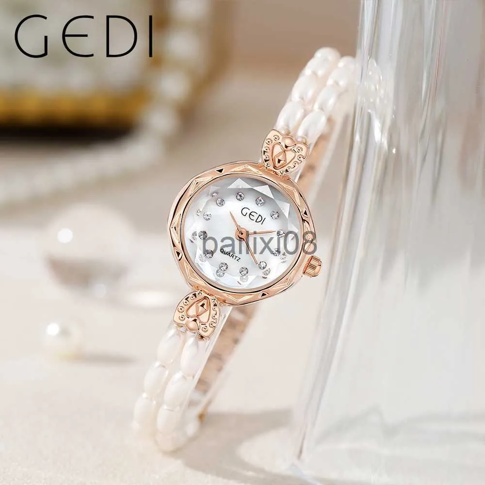 الساعات الأخرى Gedi Luxury Women Watches Rhinestone Rhinestone Pearl Quartz Brelet Watch for Women Elegant Ultra-Shin Lady Watch Gift J230728