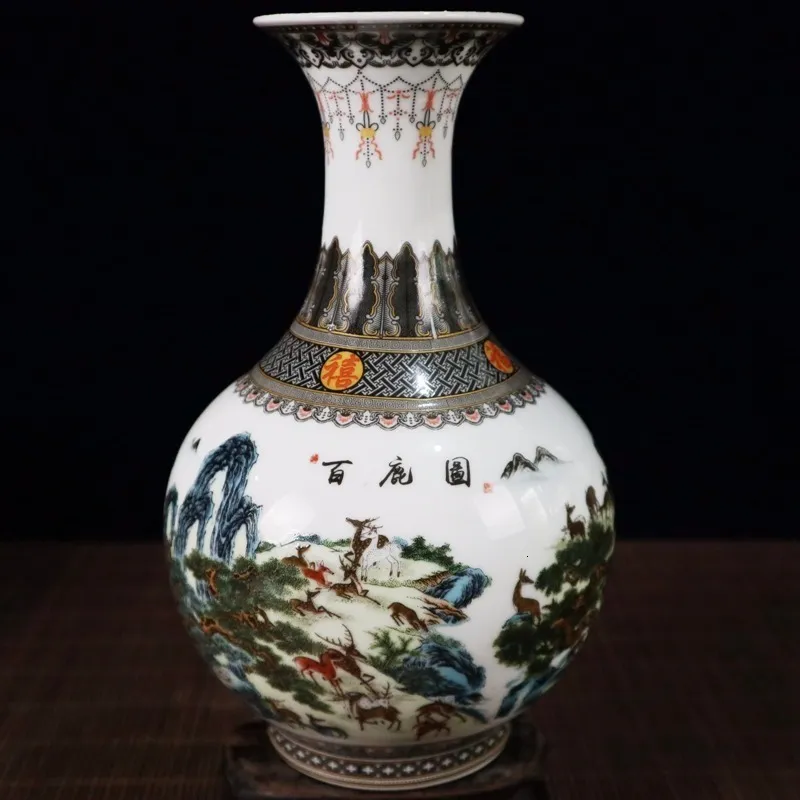 文化と娯楽の花瓶コレクションは、Qianlong Year Qing Dynas 230731で作られたピンク色の100鹿模様の花瓶を作動させます