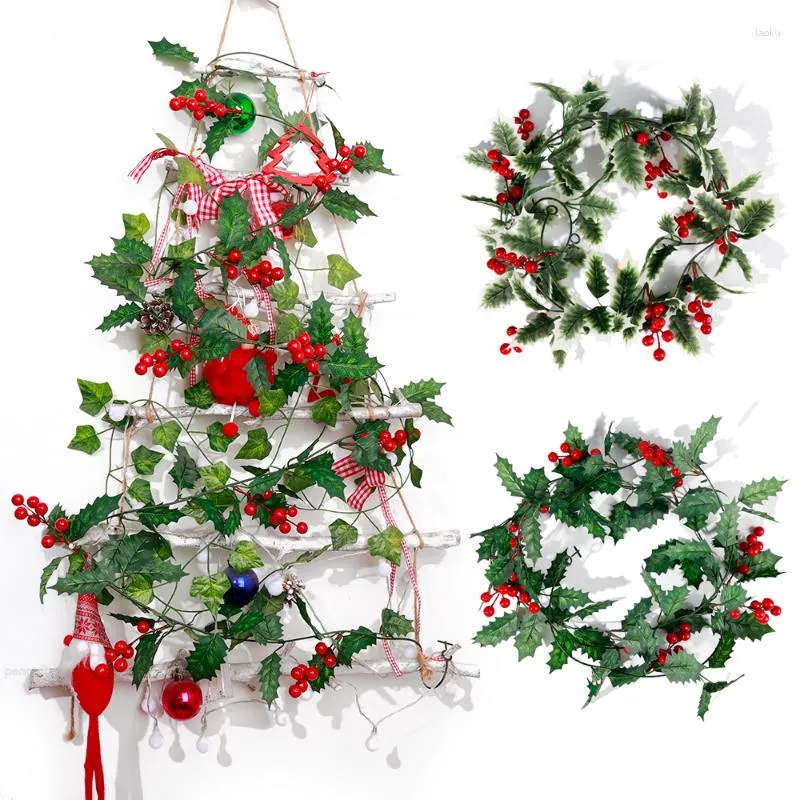 Fleurs décoratives 2M feuilles de houx artificielles baies rouges guirlandes de noël rotin arbre de noël ornements suspendus bricolage faux liane jardin