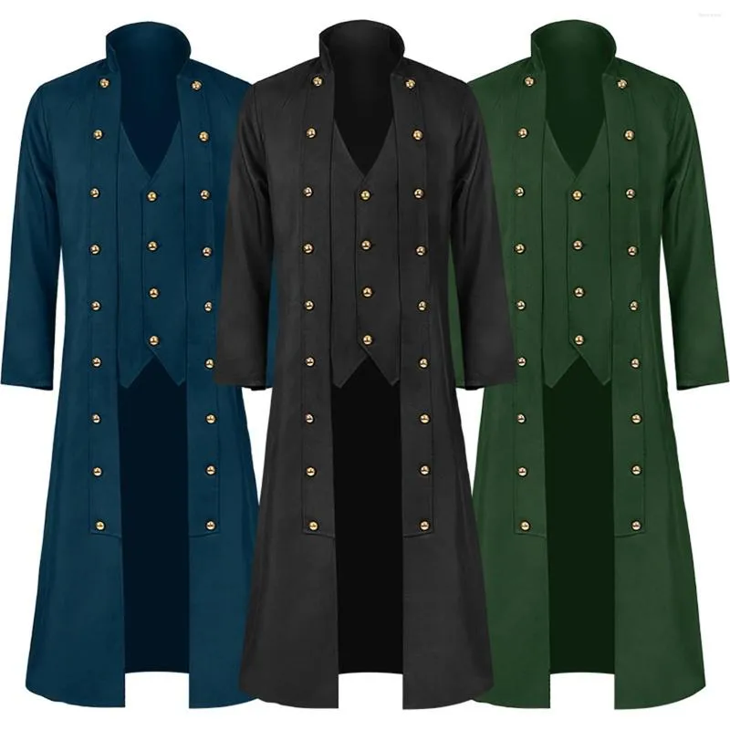 DHgate Mens Vintage Medieval Trench Coat Solid Long Sleeve Standing Collar Three Breasted Jacket for Fall Apparel