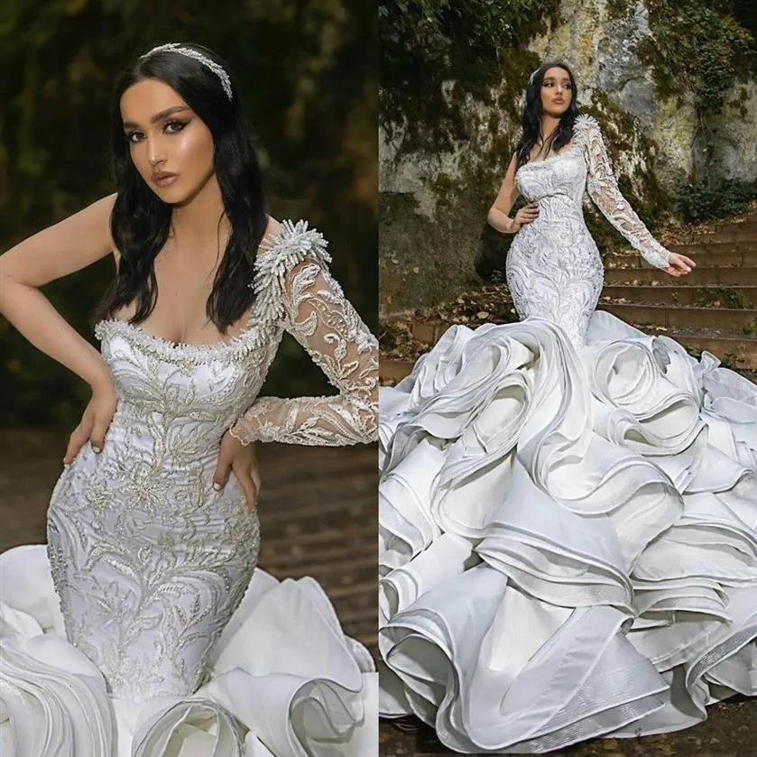 2021 luxe volants sirène robes de mariée, plus la taille une épaule chapelle train magnifiques robes de mariée nigérian arabe mariage Dre226u