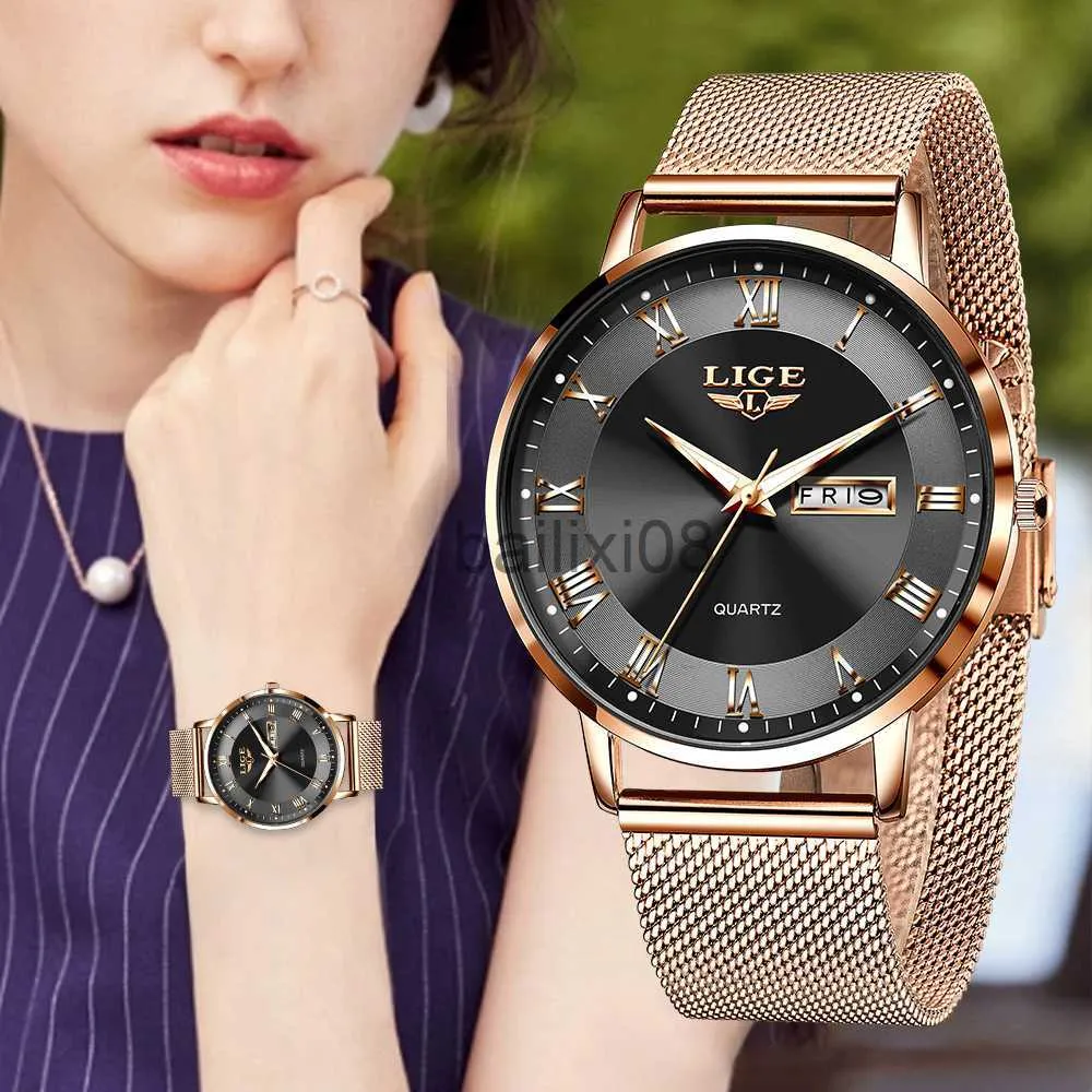 Andere Uhren LIGE Damenuhr Brelet Quarzuhrwerk Einfache Wasserdichte Roségold Edelstahl Mesh Damenuhren Relogio Feminino J230728