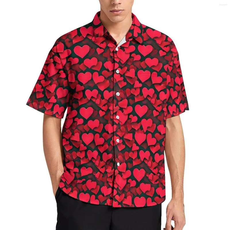 Chemises décontractées pour hommes chemise imprimée coeurs rouges Saint Valentin vacances ample hawaïen Vintage Blouses manches courtes graphique vêtements surdimensionnés