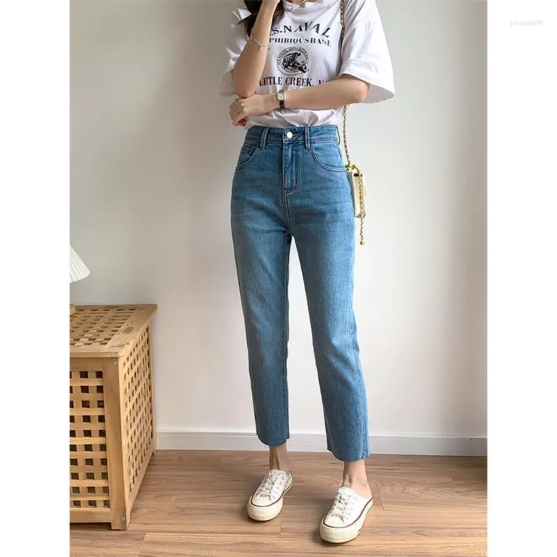 Jeans feminino verão fino supermacio pequeno reto elástico para irmã gorda grande cintura alta calça de cachimbo de fumaça de nove pontos