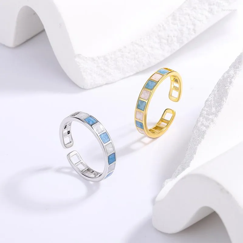 Cluster Ringe Mode Silber Gold Farbe Geometrische Punk Blau Weiß Quadrat Offener Fingerring Einstellbar Für Frauen Mädchen Schmuck Geschenk Dropship