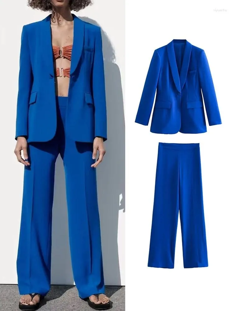 Abiti da donna Moda Autunno Donna Blazer blu Set 2023 Bottone singolo Office Lady Giacche Cappotto Pantaloni a gamba larga a vita alta Capispalla