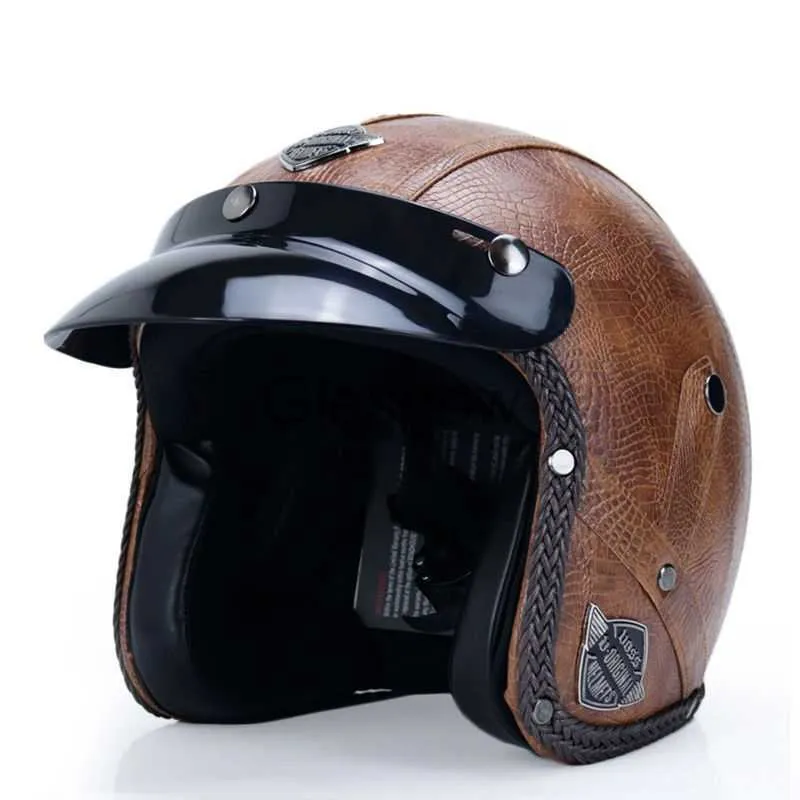 Motorradhelme Open Face 34 Motorradhelm DOT-zugelassener PU-Leder-Motorradhelm halbes Gesicht Retro Moto Bike Motocross-Helme x0731