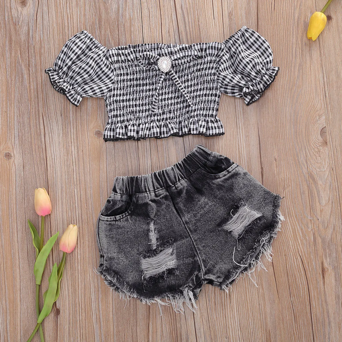 Ensembles de vêtements bébé filles vêtements à manches courtes hors épaule Plaid T-shirts hauts Shorts en jean 2 pièces pour 2 9Y été enfant en bas âge mode 230731