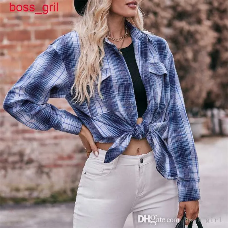 Camicia classica da donna in flanella a quadri con bottoni a maniche lunghe oversize casual camicia da lavoro top donna Log, cachi, M