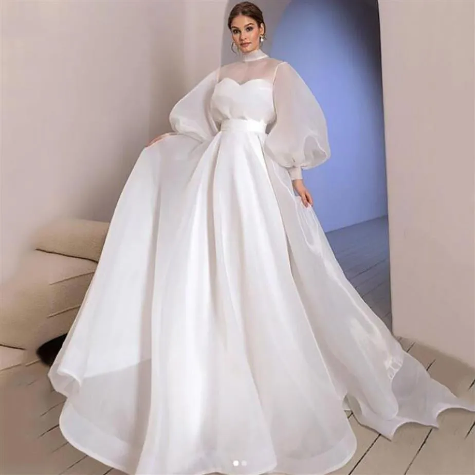 Halter Neck Organza Wedding Dresses Puff Sleeve Bride GownSimple And Clean Wedding Gown Vestido de novia 2021261n