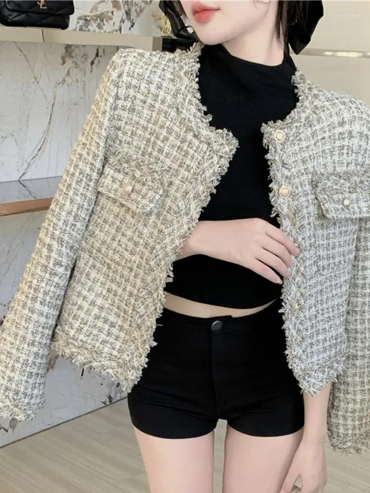 Women's Jackets Fall Korean Clothes Apricot Chic Luxury Wool Tweed Coat Elegant All-Match Tassel Slim Causal Casaco Outwear