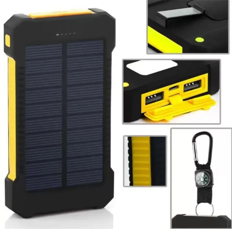 20000mah solar power bank Cwith LED flashlight Compass Camping lamp Double head Battery panel waterproof outdoor charging Cell phone