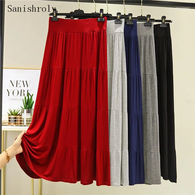 Skirts 2023 Summer Autumn Women Long A Line Pleated Solid Elastic High Waist Modal Skirt Female Big Swing Maxi Saia SE1236