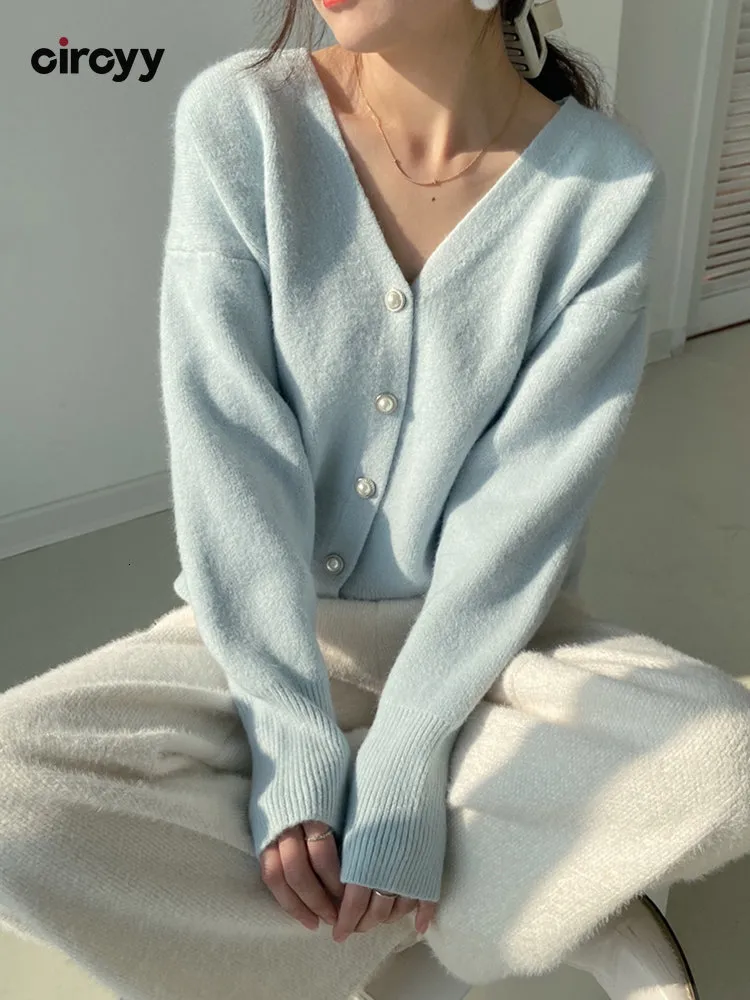 Camisetas de punto para mujer Cárdigan de punto Circyy Suéter de mujer Moda coreana Blanco Azul Rosa Cuello en V Ropa de mujer Abrigo suelto suave Otoño Invierno Cálido 230729