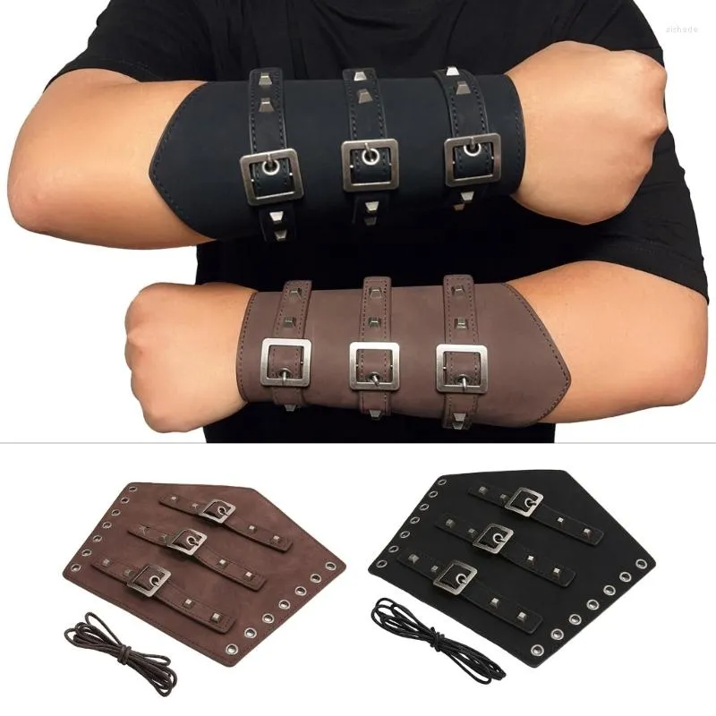 Fingerless Gloves Medieval Arm Armor Cuffs Men Cosplay Wrist Bracers With Rivet Lace-up Retro Knight Gauntlet Adjustable Adult Cycling Guard