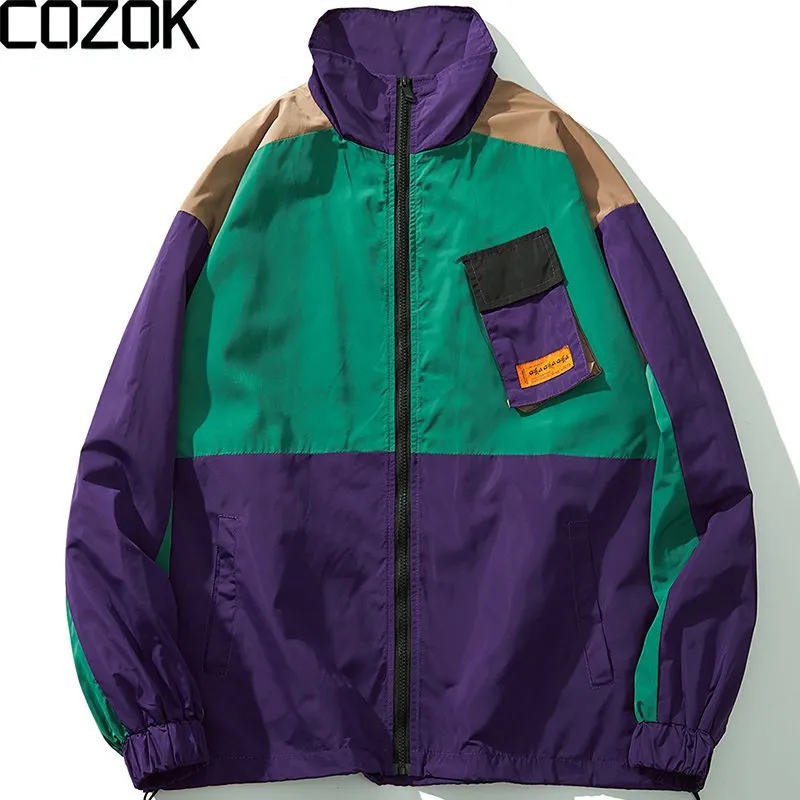 Męskie kurtki japońskie vintage blok kolorowy kurtka Patchwork Men Windbreaker Zip Up Track Owewear Unisex Casual Streetwear Coat 2307731