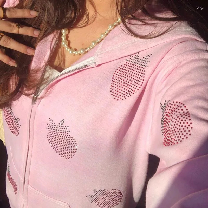 Y2K Strawberry Rhinestone Pink Zip Up Hoodie For Women Gothic