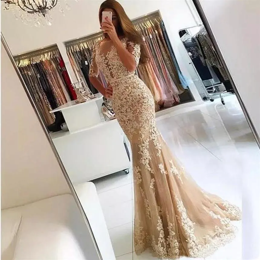 Elegant 2021 Champagne Lace Mermaid Prom Dresses Sheer Half Sleeves Backless Illusion Jewel Neck Formal Evening Dresses Wear Party249T