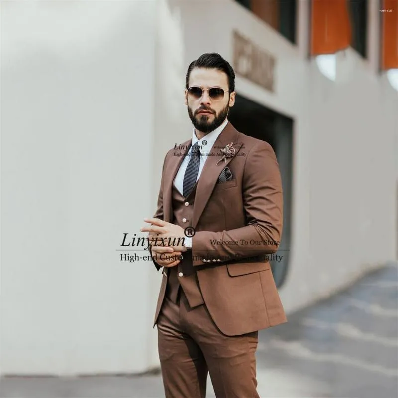 Men's Suits Brown Men Suit Notched Lapel Groom Wedding Tuxedos 3 Pieces Sets Business Male Blazers Slim Fit Costume Homme Jacket Vest Pants