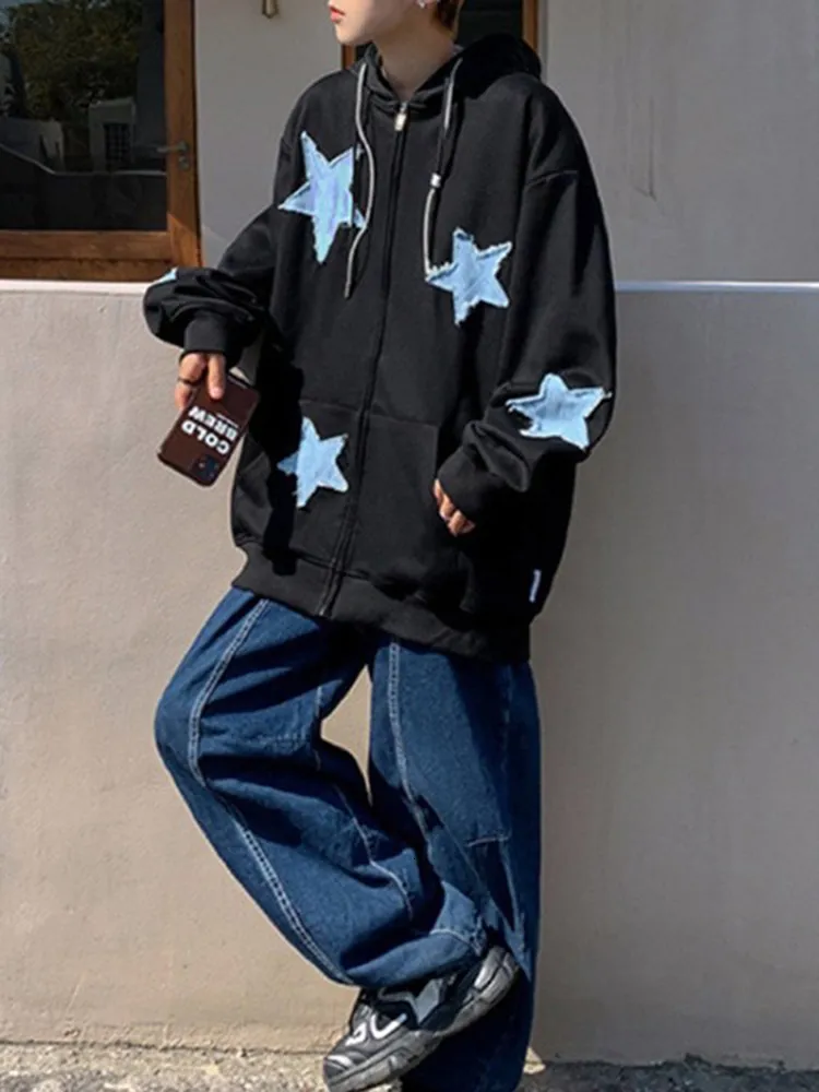 Y2K Zip Up Jackets With Harajuku Star Patch, Oversized Y2K Zip Up Jackets With Harajuku Star Patch, Oversized
