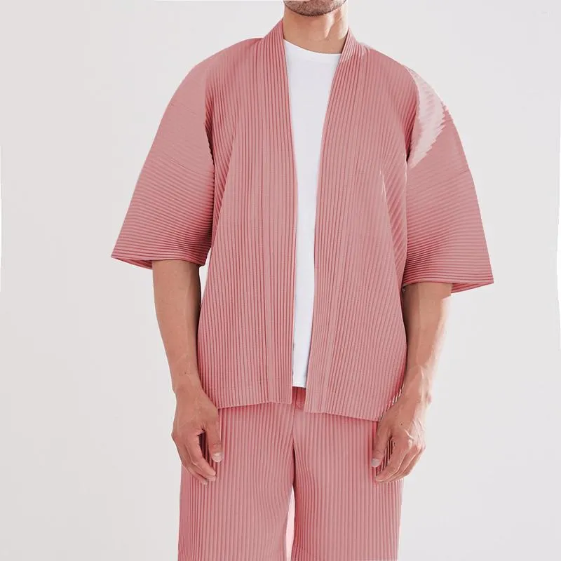 Men's Tracksuits Miyake Pleated Men Cardigan Blazer Pink Sets Korean Fashion 2023 Designer Jacket Suits