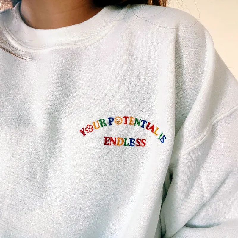 Damen-Kapuzenpullover, Sweatshirts, Your Potential is Endless, positive Buchstaben, Stickerei, bedruckt, Damen-Sweatshirt, Vintage, lockere Baumwolle, Herbst 230731