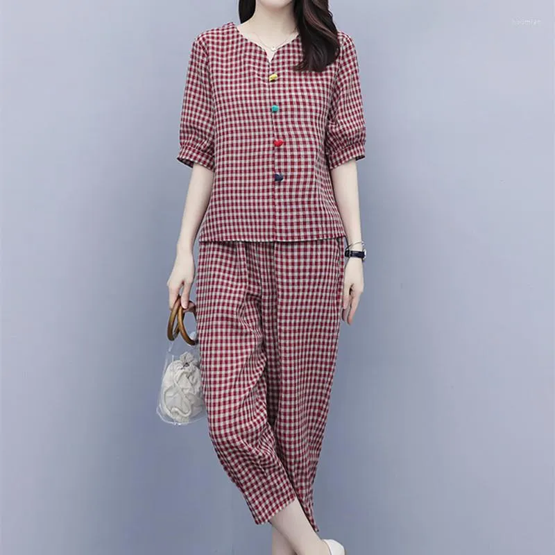 Kvinnors tvåbitar byxor 2023 V-hals skjortor Top Loose Women Casual Set Office Ladies Ol Work Clothes Plaid Cotton Linen Fashion