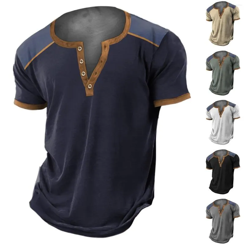Men's T Shirts 2023 Henley Shirt V-Neck Printed Top Vintage Patchwork Oversized Men Harajuku Clothes Streetwear Tee Homme