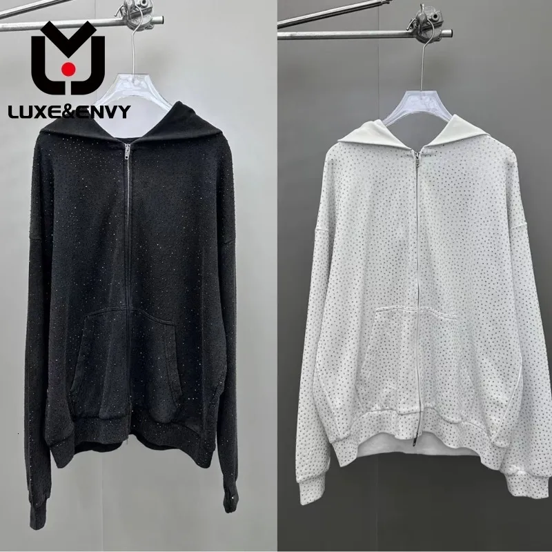 Kadın Hoodies Sweatshirts Luxe Springsummer Unisex Heavy Industry Full Vücut Elmas Blackwhite kapüşonlu Kazak Ceket 230729