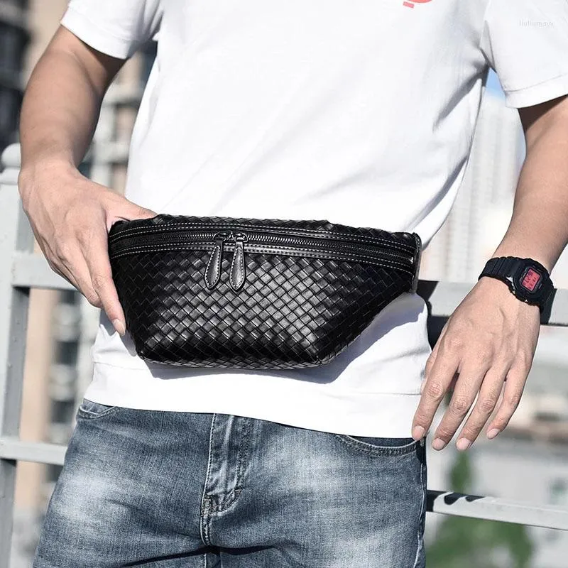 Waist Bags Designer Men's Weave Chest Pack Multi-Pocket Casual Fanny Money Phone Bag Luxury PU Leather Shoulder Belt