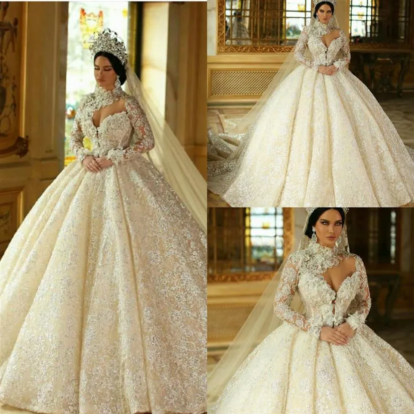 Ball Gown Wedding Dresses High-neck Long Sleeve Beaded Appliqued Sequins Bridal Gown Ruffle Sweep Train Custom Made Robes De Marie252h