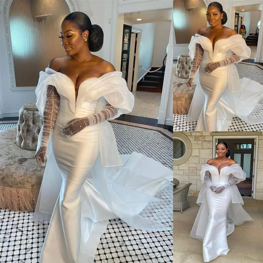 Simple Satin Mermaid Wedding Dress with Removable Long Sleeve Couture Plus Size Beads Bride Party Dress Celebrity Bridal Gowns243G