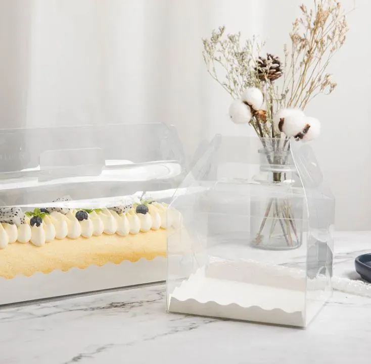 Transparent Cake Roll Packaging Box with Handle Eco-friendly Clear Plastic Cheese Cake-Box Baking Swiss Roll-Box SN4341
