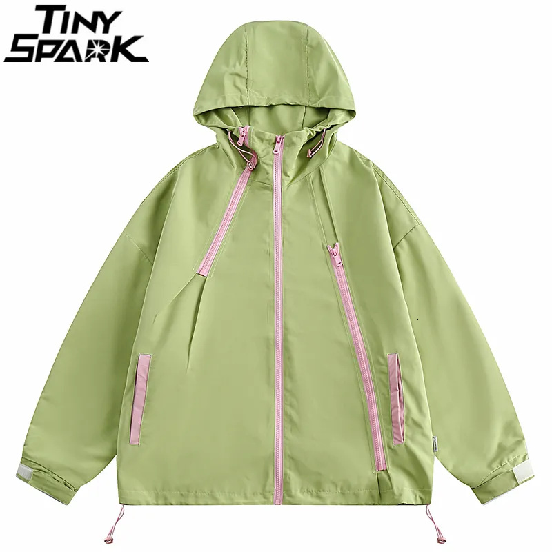 Mens Jackets Men Streetwear Hooded Jacket Windbreaker Zipper Up Casual Track Coat Harajuku Unisex Y2K Hoodie Green 230731