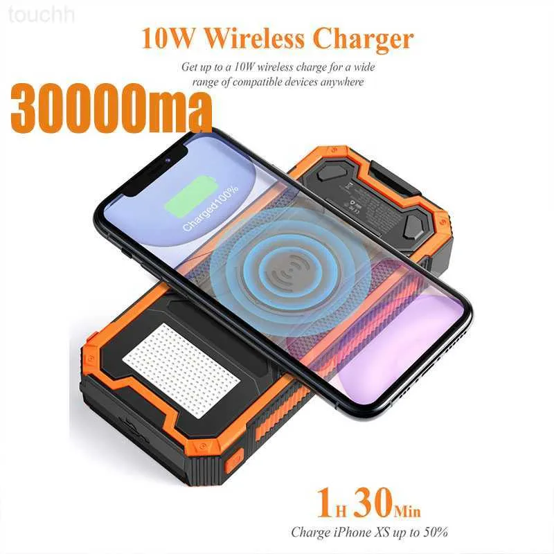 Cell Phone Power Banks 30000mAh Solar Power Bank Caricabatterie solare wireless Caricabatteria portatile PowerBank LED Torcia per iPhone Xiaomi Outdoor L230731