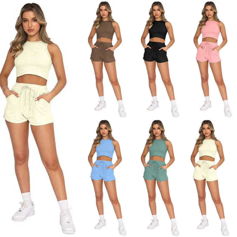 Summer Women Tracksuit Designer Two Piece Short Outfits Sexig ärmlös Navel Exponed Crop Top Shorts Sweatsuit Plus Size