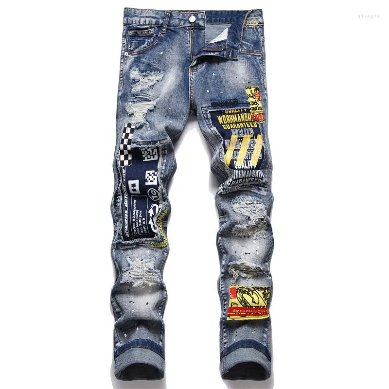 Jeans da uomo Pantaloni da uomo in denim ricamato patchwork strappato Pantaloni larghi larghi firmati hip-hop streetwear slim fit