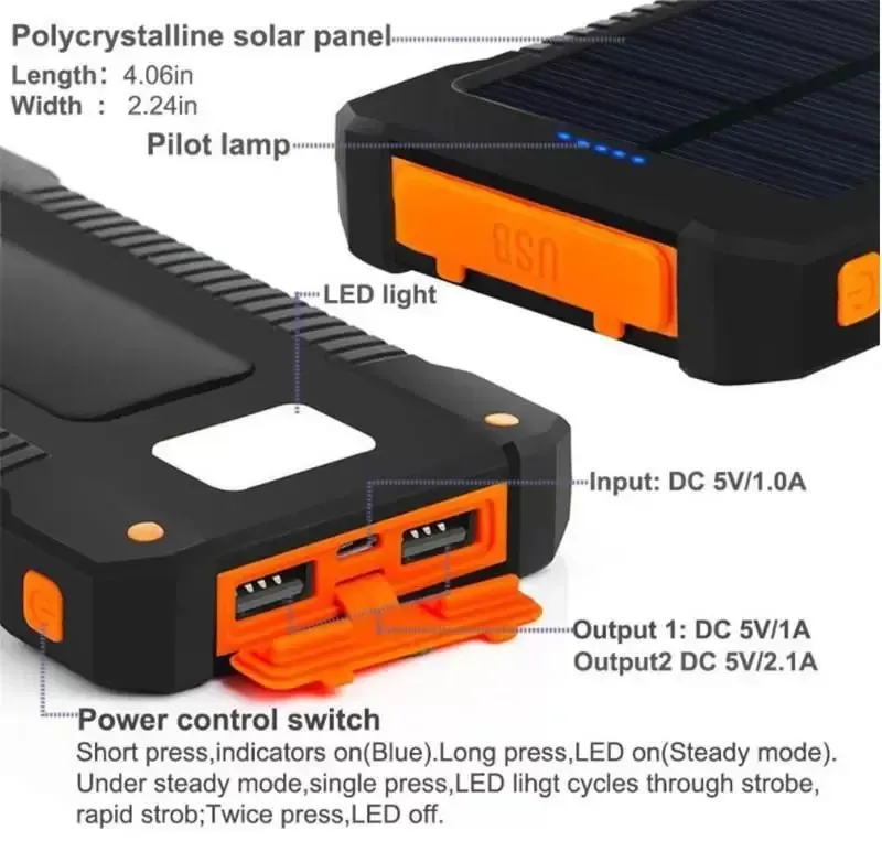 20000mah solar power bank Cwith LED flashlight Compass Camping lamp Double head Battery panel waterproof outdoor charging Cell phone