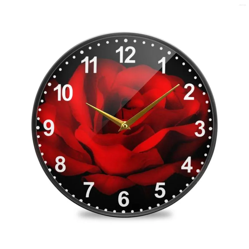 Horloges murales Rose rouge sur fond noir horloge ronde montre suspendue à piles silencieux sans tic-tac bureau silencieux décor acrylique