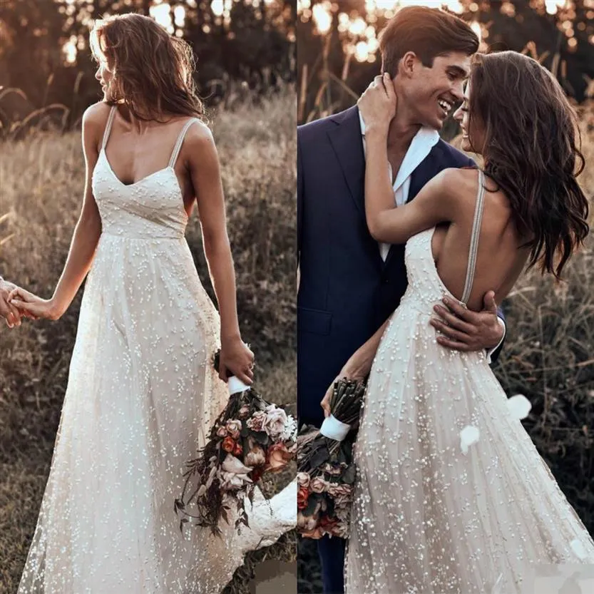 2019 Bohemian Wave Abiti da sposa Scollo a spaghetti Backless Beach Abiti da sposa Tulle Country Abito da sposa Vestido De Novia297q